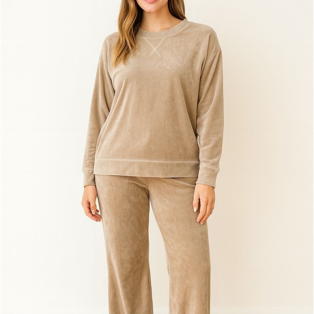 NWT J.Jill Crushed Velvet Velour Sweatshirt Tan L Crew Neck L/S Soft Comfy Luxur